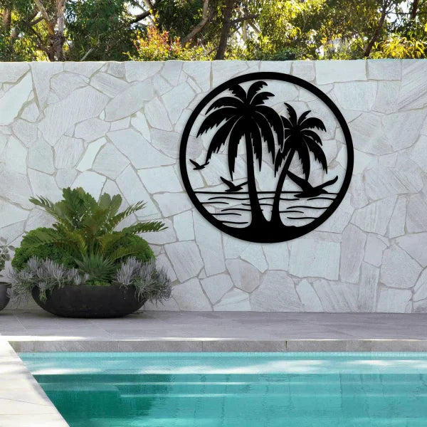 Wooden Beach Palm Trees Circle Metal Wall Décor Wall Sticker