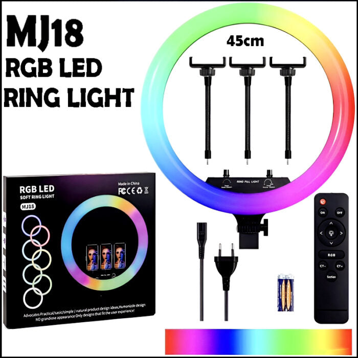 MJ18 45 CM RGB LED Soft Ring Light with 3 Phone Holders and Remote Control