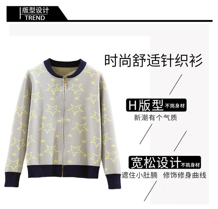 Women Clothes Jackets Fashion Coat Female Pentagram Printing Zipper Casual Top