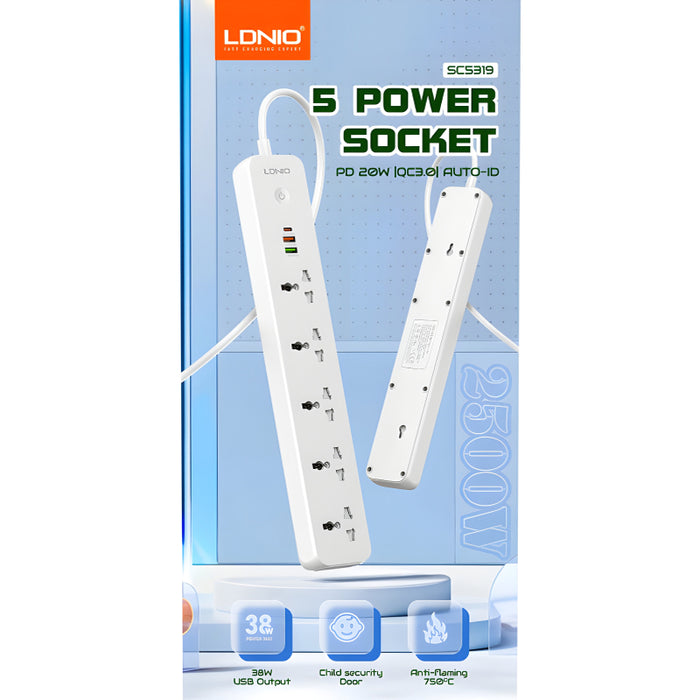 LDNIO SC5319 Power Strip 2500W Multi-Socket Extension With 5 AC Outlets And 3 USB Ports