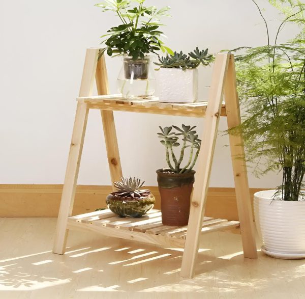 Wooden Plant Stand 2 Tier Foldable Flower Pot Display Shelf Rack Solid Wood Floor Two-layer Storage Balcony Folding Flower Stand