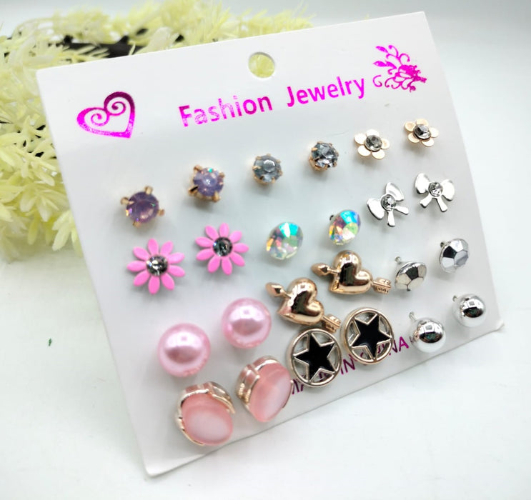 Trendy Artificial Stones Ear Studs – Pink Card (12 X Studs Pair)