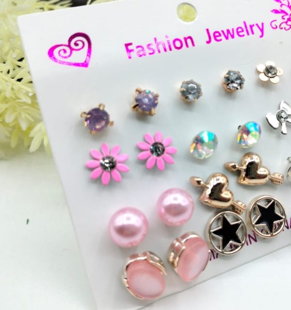 Trendy Artificial Stones Ear Studs – Pink Card (12 X Studs Pair)