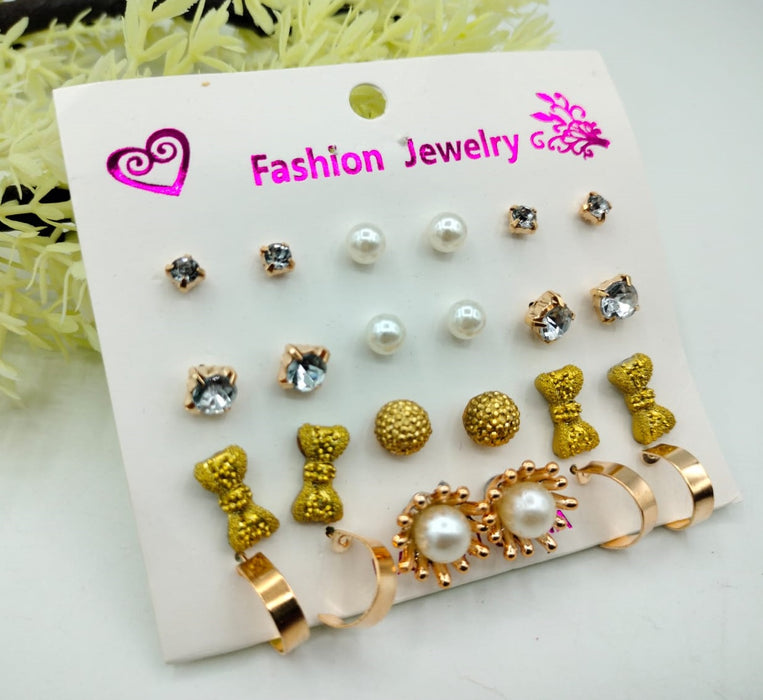 (12 X Studs Pair) Trendy Artificial Stones Ear Studs – Golden Tie