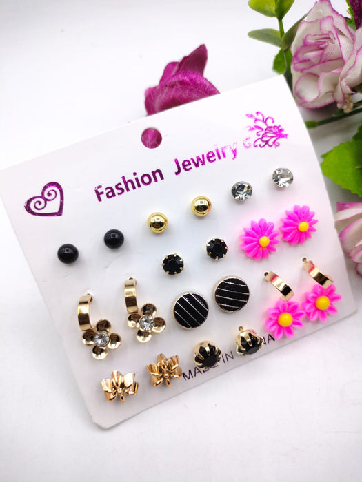 (12 X Studs Pair) Trendy Artificial Stones Ear Studs – Pink Sun Flower