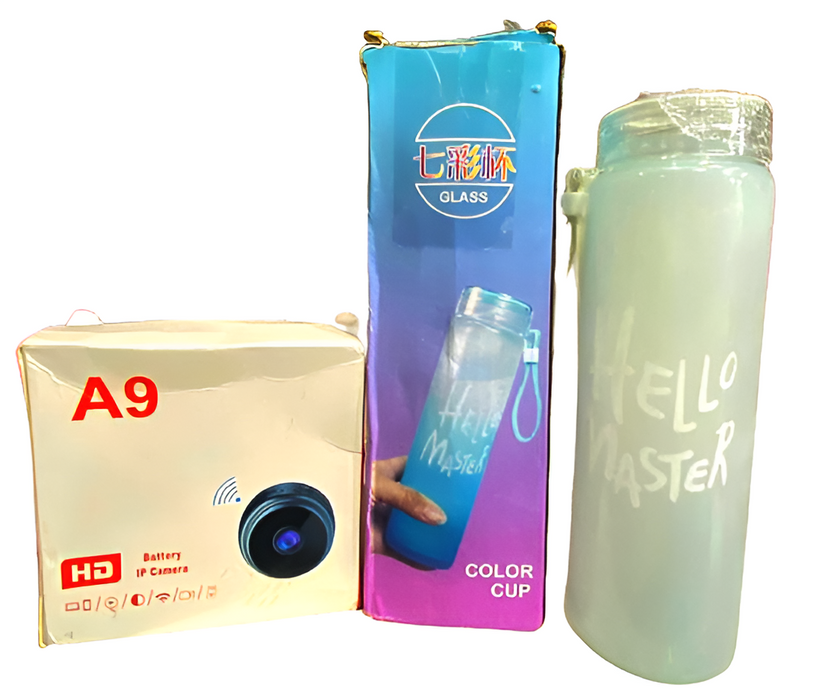 Deal Pack Of 2 – A9 Mini Camera & Frosted Glass Water Bottle (random Color)