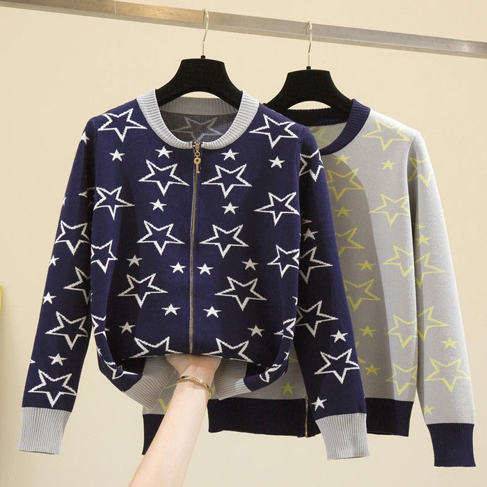 Women Clothes Jackets Fashion Coat Female Pentagram Printing Zipper Casual Top