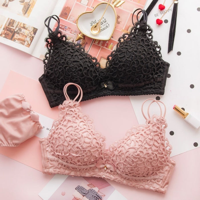 Women’s Lace Push-Up Bra Set Sexy Wireless Jacquard Bra with Bow Panties