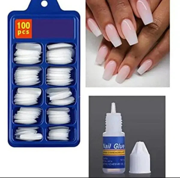 (square Shape )artificial Nails 100pcs With Nail Glue, Beautiful Fancy Fake Nails ,acrylic Nails Kit Transparent & Natural False Nail