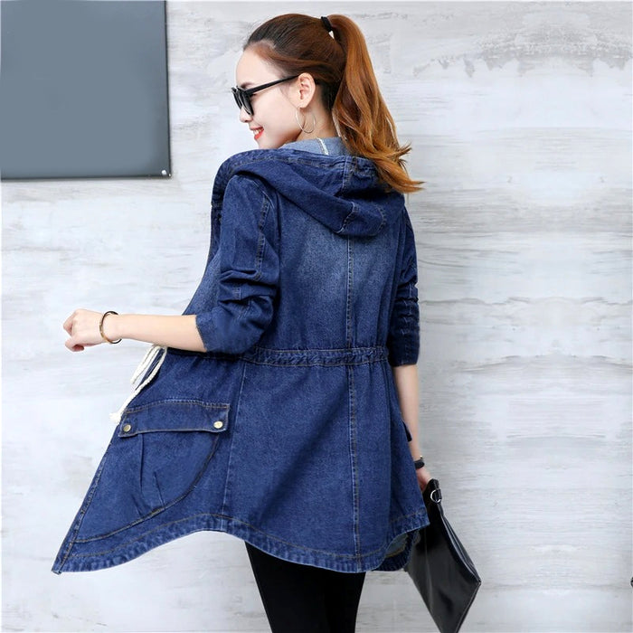 Trendy Winter Elegance Long Full Sleeves Denim Coat With Hood For Ladies