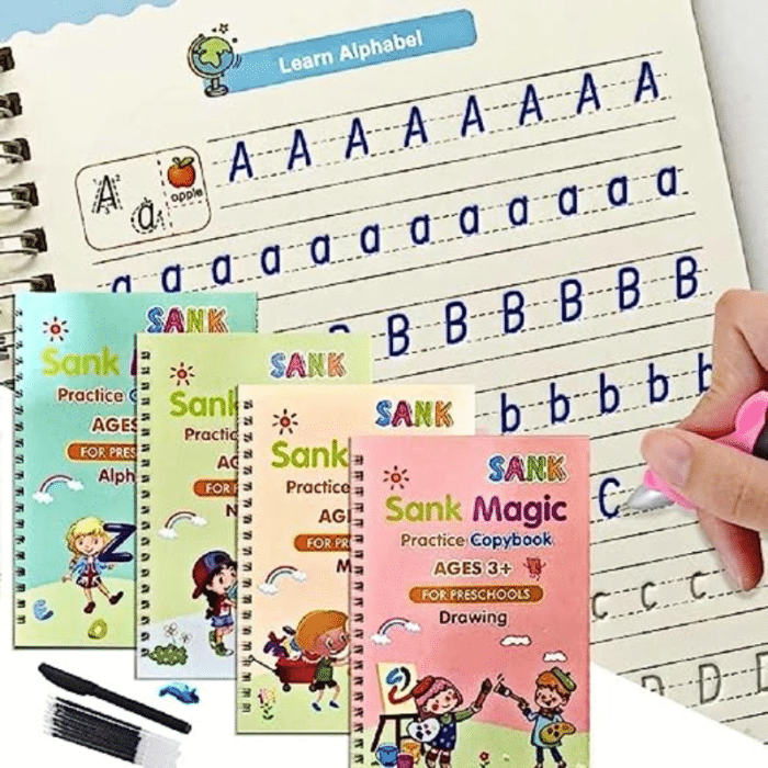 Sank Magic Book Practice | Sank Magic Book For Montessori Children Tracing Handwriting First Pre-school Baby Learning Books For Kids (4 Books + Magic Pen With 10 Ink Refills)