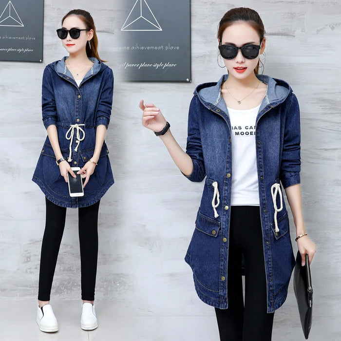 Trendy Winter Elegance Long Full Sleeves Denim Coat With Hood For Ladies