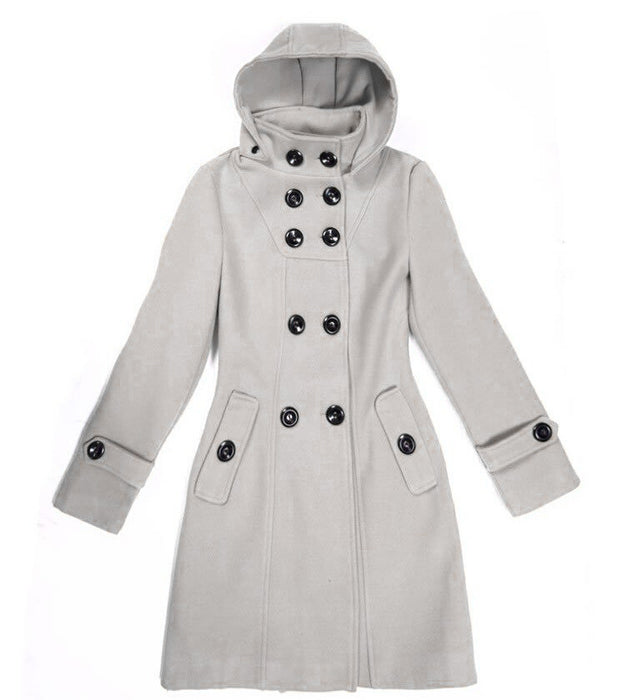 Women’s Hooded Double Breasted Trench Wool Coat Long Winter Jackets Outerwear