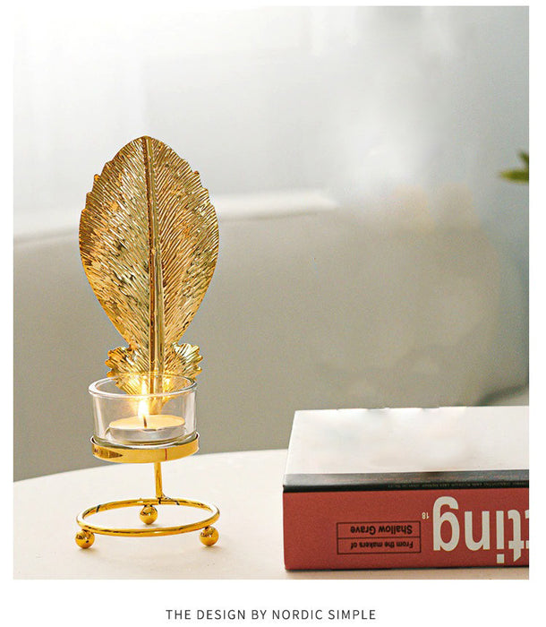 Metal Candlestick Holder Gold Leaves Dining Table Candle Stand Aroma Ornament