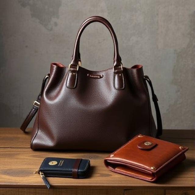 Fashion-forward selection of bags and wallets, including versatile backpacks, luxury handbags, and RFID-protected wallets, all crafted from high-quality materials